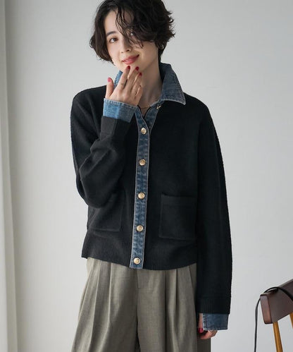 FREAK'S STORE 金紐扣拼接牛仔針織開衫 女