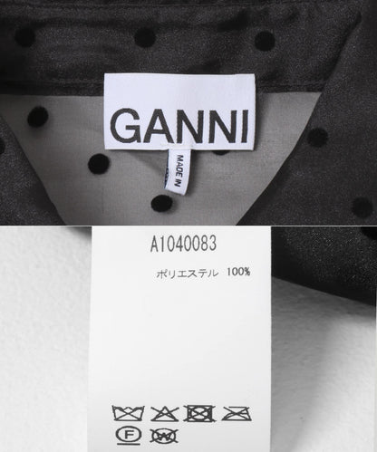 GANNI 黑色圓點印花透膚感荷葉邊襯衫 女