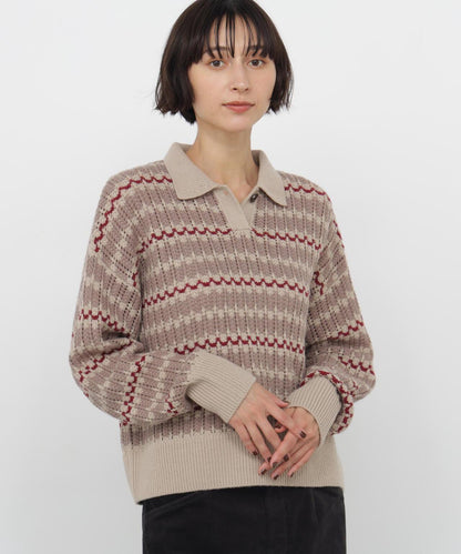 human woman 地花紋拼色翻領針織衫