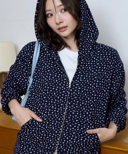 小碎花華夫格雙拉鍊連帽衫