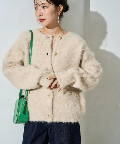 ミックスシャギー 金ボタン ニット カーディガン【限定展開】