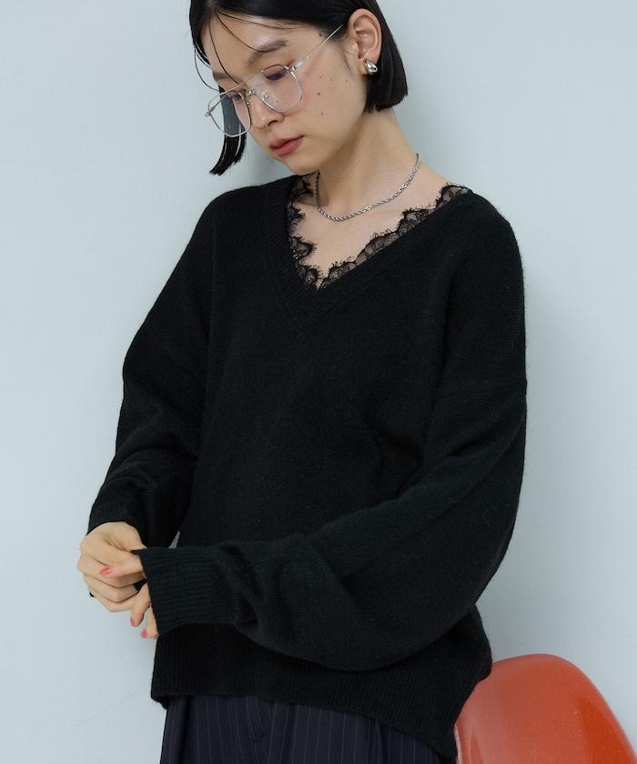 Vネック レースニットプルオーバー 限定展開