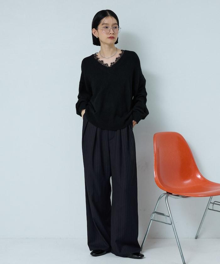 Vネック レースニットプルオーバー 限定展開