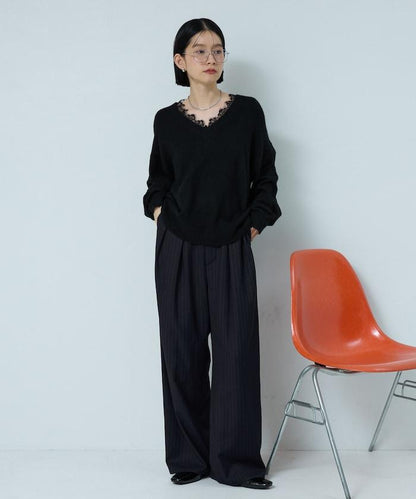 Vネック レースニットプルオーバー 限定展開