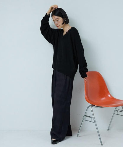 Vネック レースニットプルオーバー 限定展開