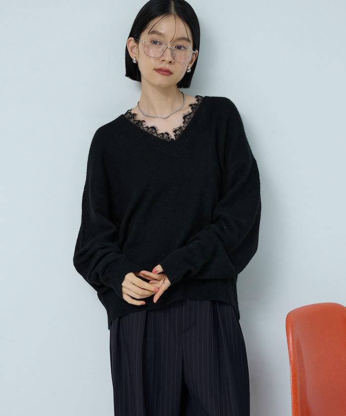 Vネック レースニットプルオーバー 限定展開