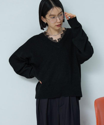 Vネック レースニットプルオーバー 限定展開
