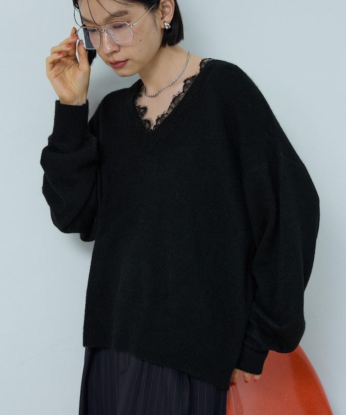 Vネック レースニットプルオーバー 限定展開