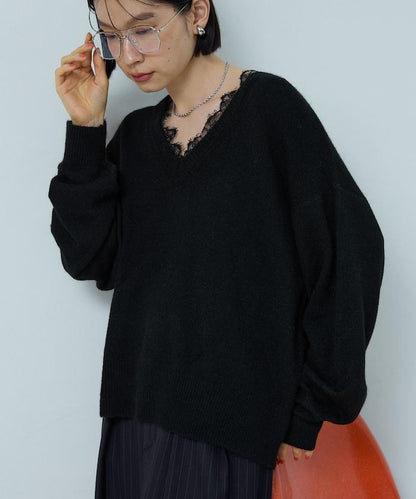 Vネック レースニットプルオーバー 限定展開