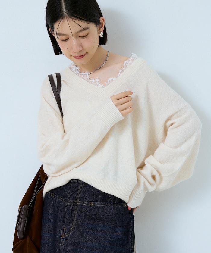 Vネック レースニットプルオーバー 限定展開